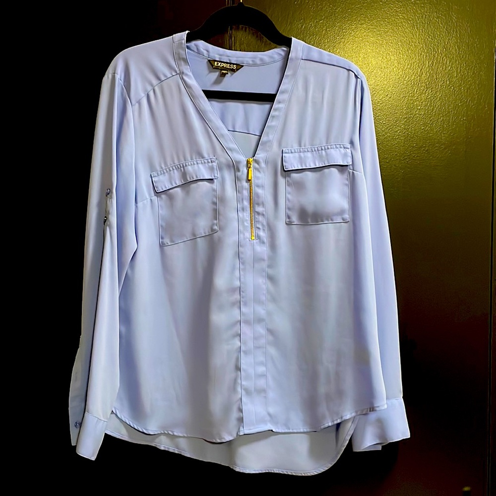 Express sky blue zip front chiffon blouse size L